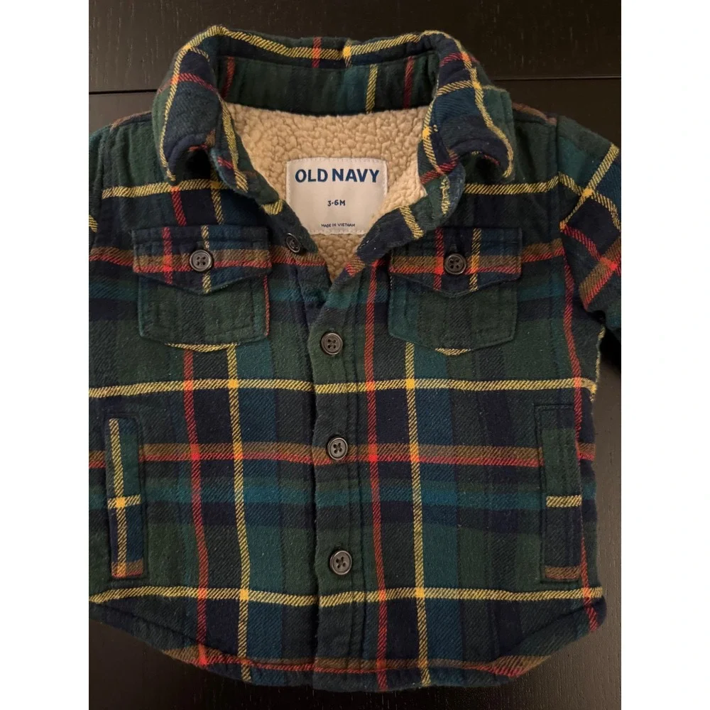 Old Navy Baby Flannel Sherpa-Lined Shirt Jacket 3-6 mths Green Plaid‎ Shacket